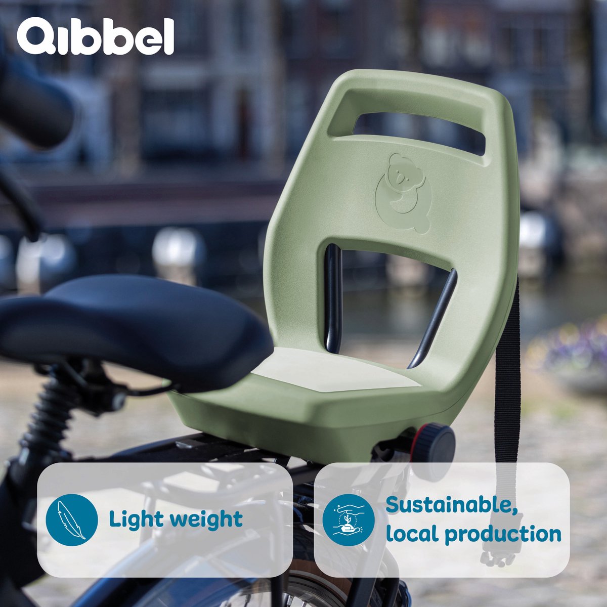 Qibbel Junior 6+ Fietsstoeltje Achter Bagagedrager bevestiging - QuickConnect - Fietszitje – Sage Green - inclusief voetbeschermingsplaten en voetsteunen thumbnail 4