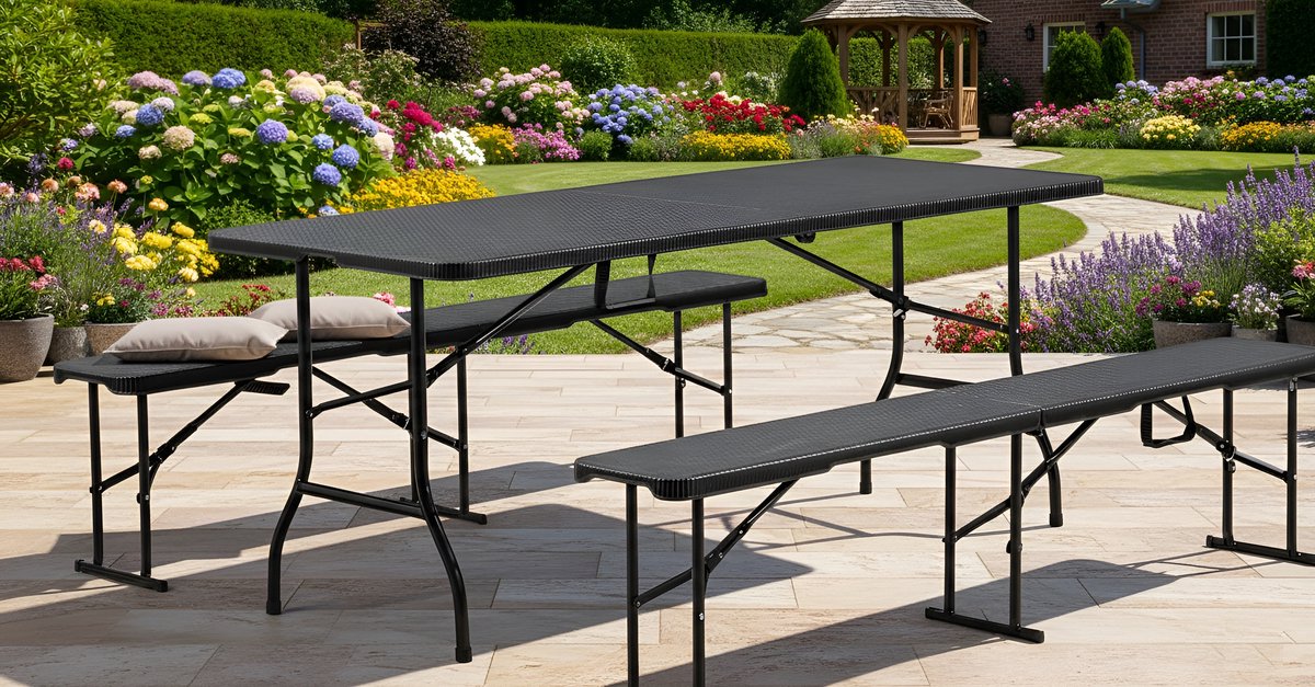 Biertent Set 3-delig Inklapbaar – Rotan Look – Tafel & 2 Banken – 182x75 cm – Weerbestendig – Outdoor Zitgroep voor 10 Personen – Belastbaar tot 500 kg – Zwart – Altameubel