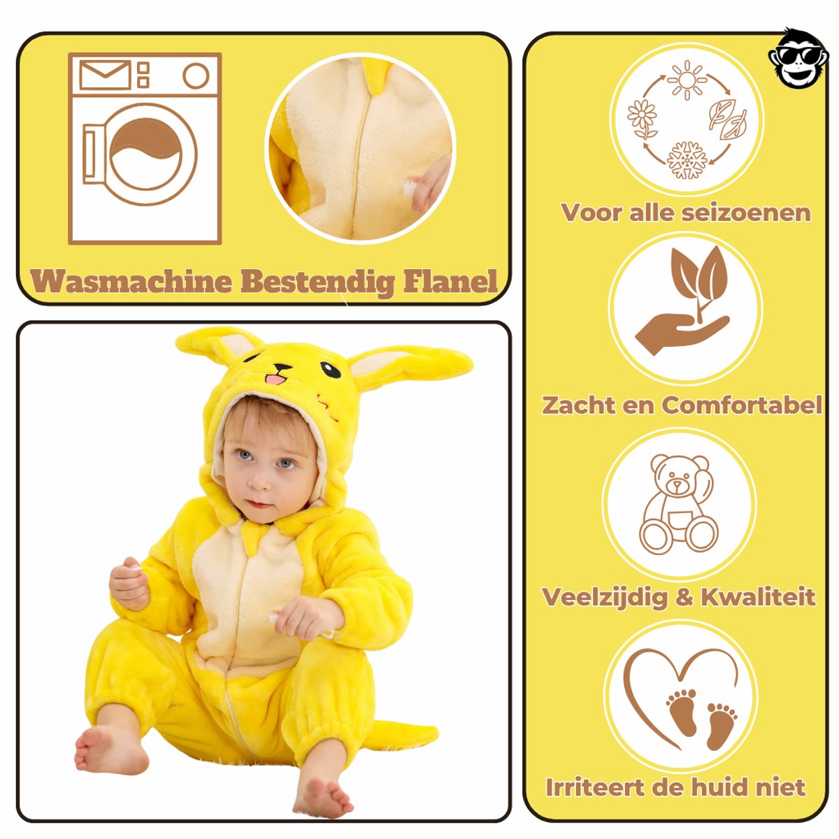 BoefieBoef Baby Onesie Pikachu - Peuter Pyjama Kinderen 6 maanden - 2 jaar – Muis Pika Geel – Verkleedkleding met Luierrits – Kerst Carnaval Dierenpak - , Kraamcadeau- Zacht Flanel - Romper - Boxpak - Jongens - Meisjes - Kruippak - Geel Muis — afbeelding 2