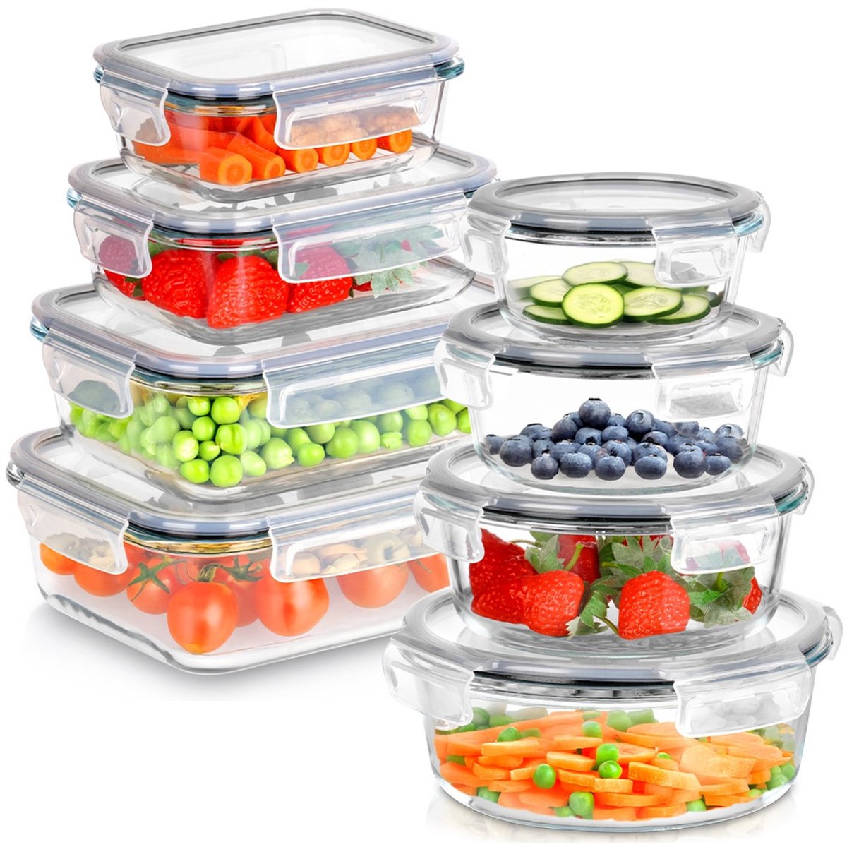 Voedselcontainers Glas met Deksel en Pakking 8 stuks - Vershoudbakjes - Diepvriesbakjes - Vershouden - Bakjes