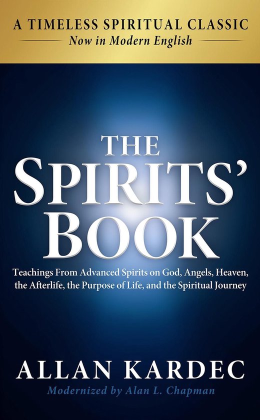 Livre "The Spirits' Book" d'Allan Kardec, maintenant en anglais moderne. Titre sur fond bleu foncé.