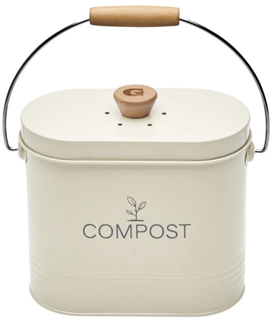 Beige compostemmer van metaal met houten handvat en deksel. "COMPOST" logo op voorkant.