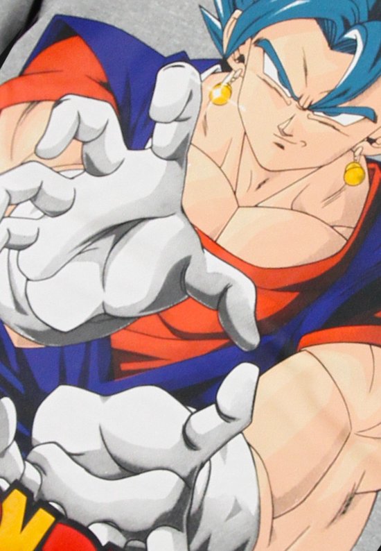 Grijze hoodie met op de achterkant een close-up van Dragon Ball Z personage Vegito met blauw haar.