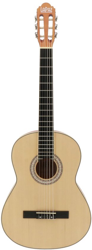 Volledige klassieke gitaar met lichte body, zwarte toets en 'LAPAZ' logo.