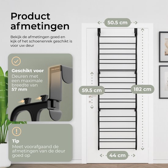O'DADDY® Schoenenrek - Schoenenkast - Schoenenrek zwart - Schoenenrek deur - Schoenenrek hangend - Hangend schoenenrek - Deur schoenenrek - Hangend schoenenrek deur - Geschikt voor elke deur - 20 x 51 x 182 cm - Zwart