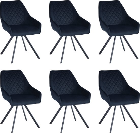 Six chaises de salle à manger noires à motif losange et piètement en métal, sur fond blanc.