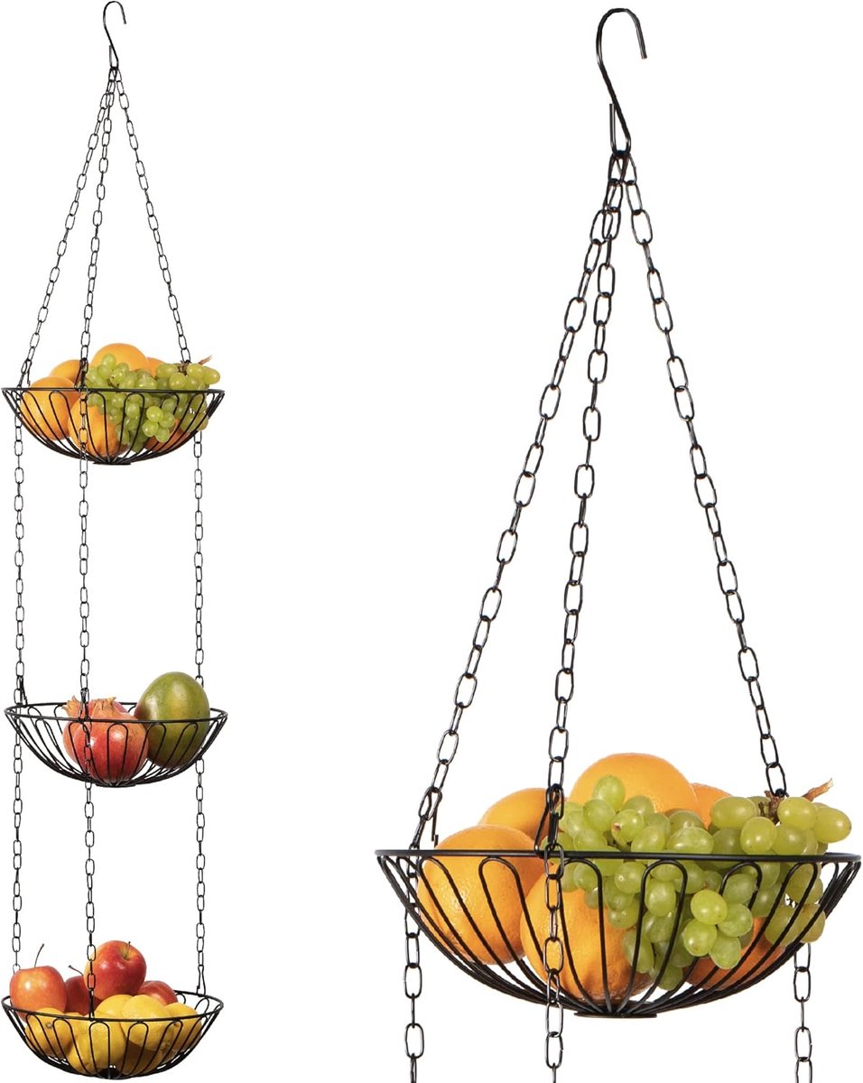Famanu - Hangende fruitmand met plafondhaak 130 cm, zwarte metalen fruithouder