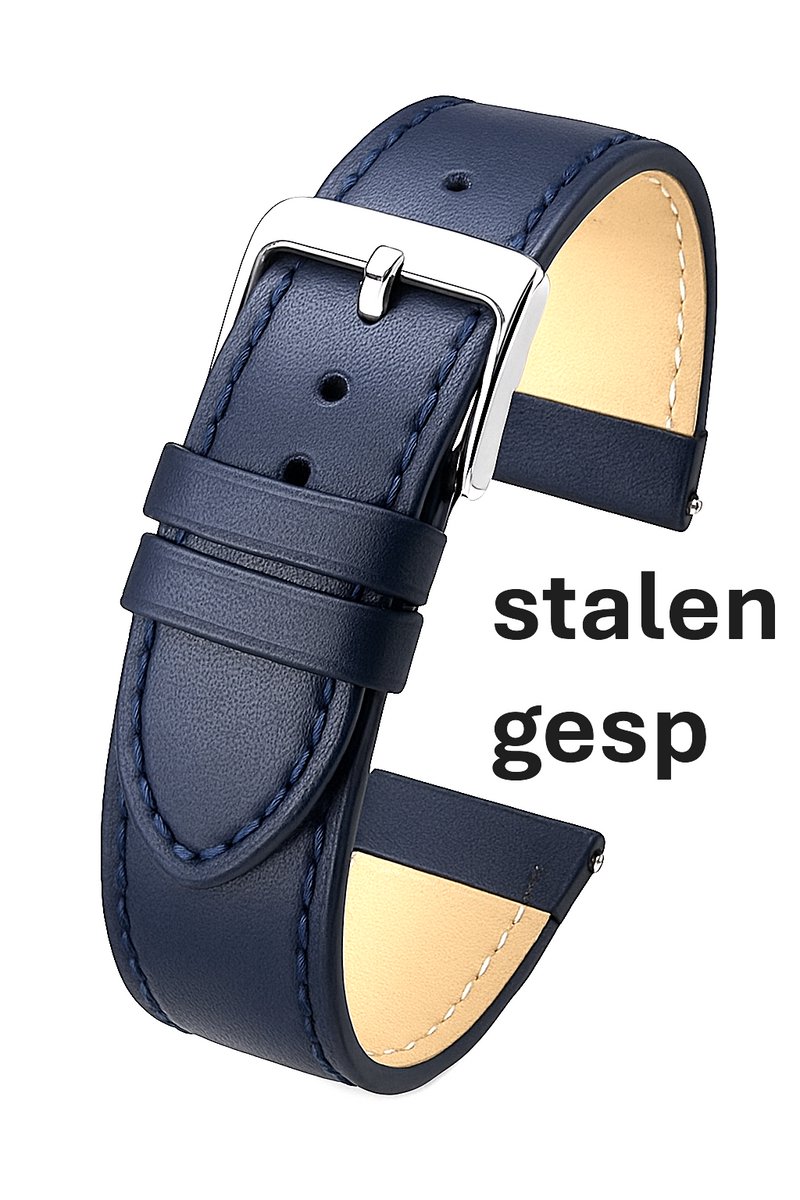 horlogeband-horlogebandje-12mm-echt leer-blauw-BLAUW-zacht-glad -plat-gestikt-stalen gesp-12 mm