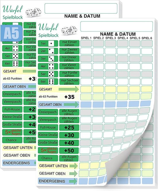 Diamandi Beste speelblok, dobbelspel, winnblad, dobbelspel, blok voor dobbelspellen, formaat A5, 21 x 14,5 cm, 1 x 50 vellen/3 x 50 vellen/5 x 50 vellen/10 x 50 vellen, robuust papier, 80 g/m², 3