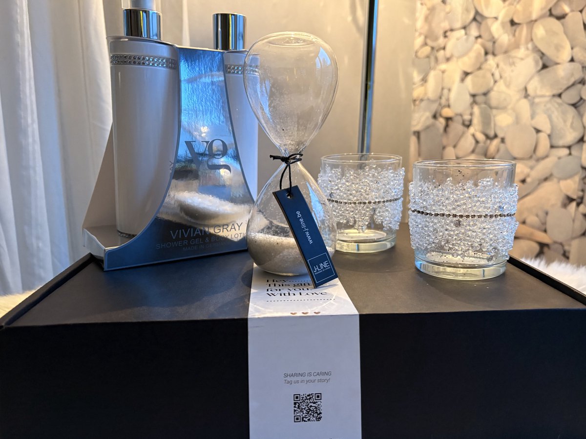 Ice & Frost Luxe Cadeauset – Vivian Grey White Body & Bath + Zilveren Zandloper + Waxinelichtjes - ideaal geschenk voor verjaardag of moederdag