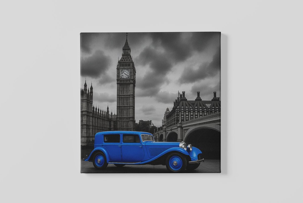 Trendex Global Vierkant Canvas Schilderij - Blauwe Oldtimer - Big Ben - Londen - 100x100 cm