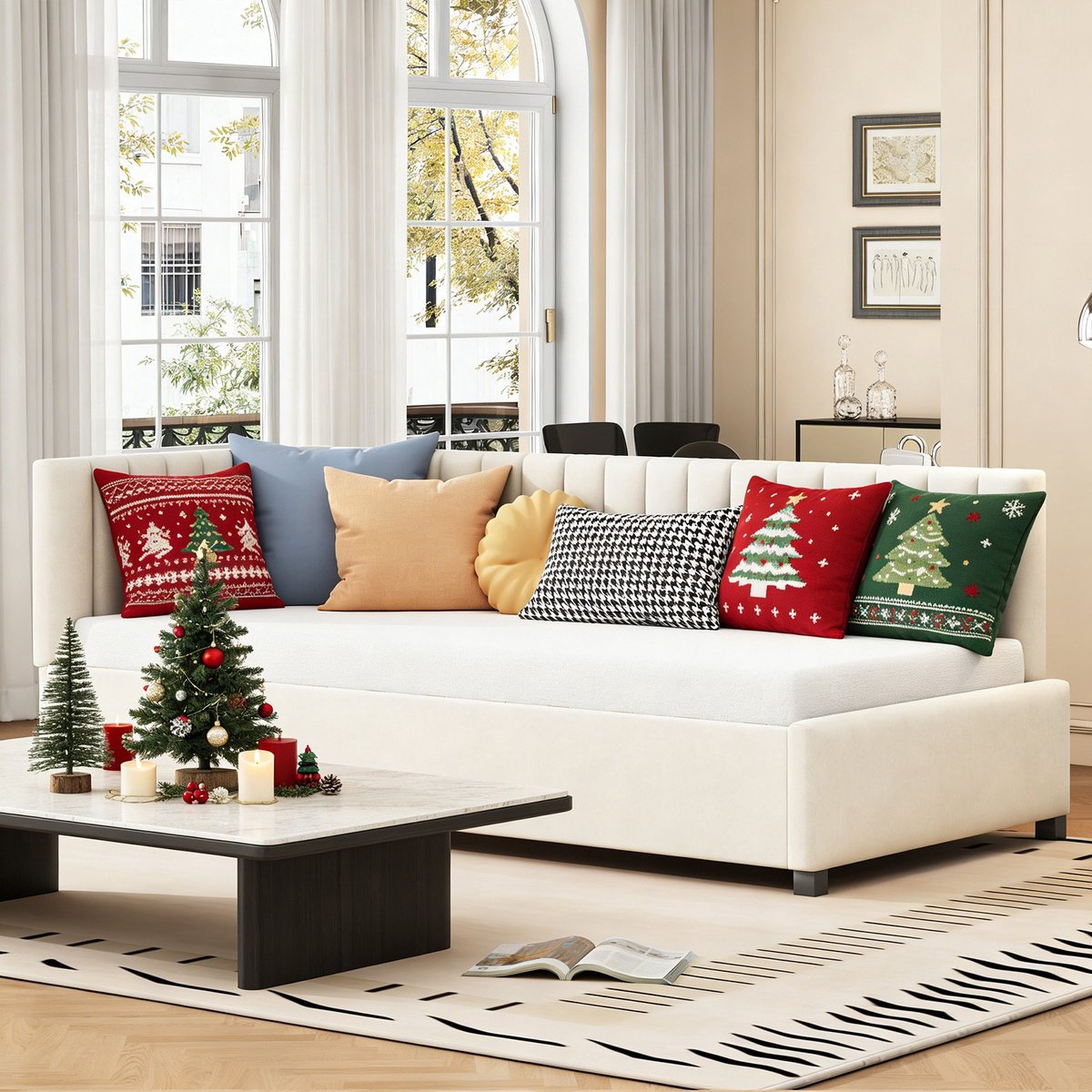 MODFU Gestoffeerd multifunctioneel slaapbank 90x200 – beige omkeerbare rugleuning, lattenbodem