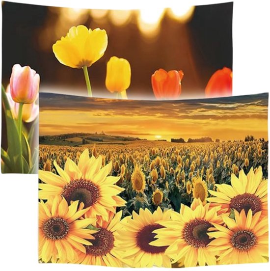 Ulticool - Tapisserie - Tulipes Fleurs Nature Tournesol Soleil Eté - 73 cm x 95 cm - Tissu Tapisserie Peinture - Poster Art - Jaune Rose Oranje