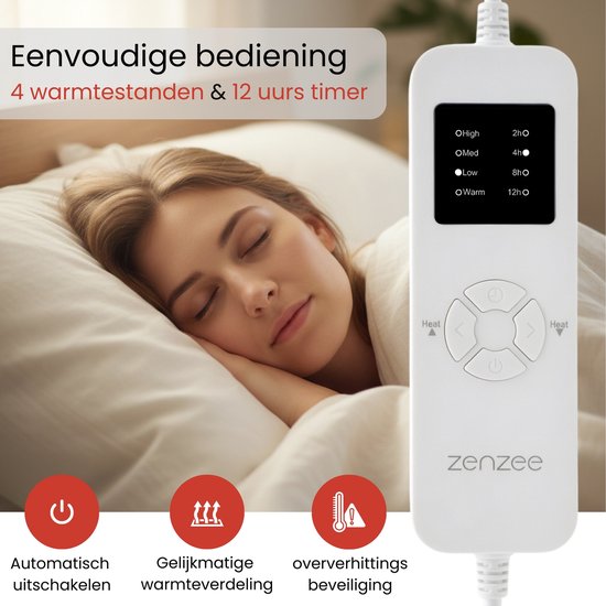 Slapende vrouw met een hand op de controle-unit van een elektrische deken. Tekst: Eenvoudige bediening, 4 warmtestanden & 12 uurs timer.