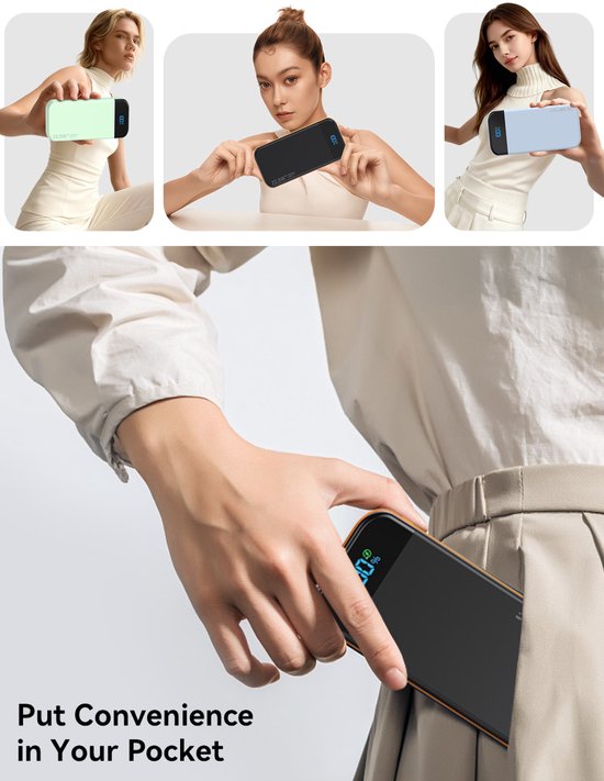Sounix Powerbank 30 000 mAh avec câbles - Lightning, USB A, USB C & Micro USB - Chargeur rapide 22,5 W et affichage LED de la batterie - Convient pour iPhone & Samsung - Zwart/ Oranje
