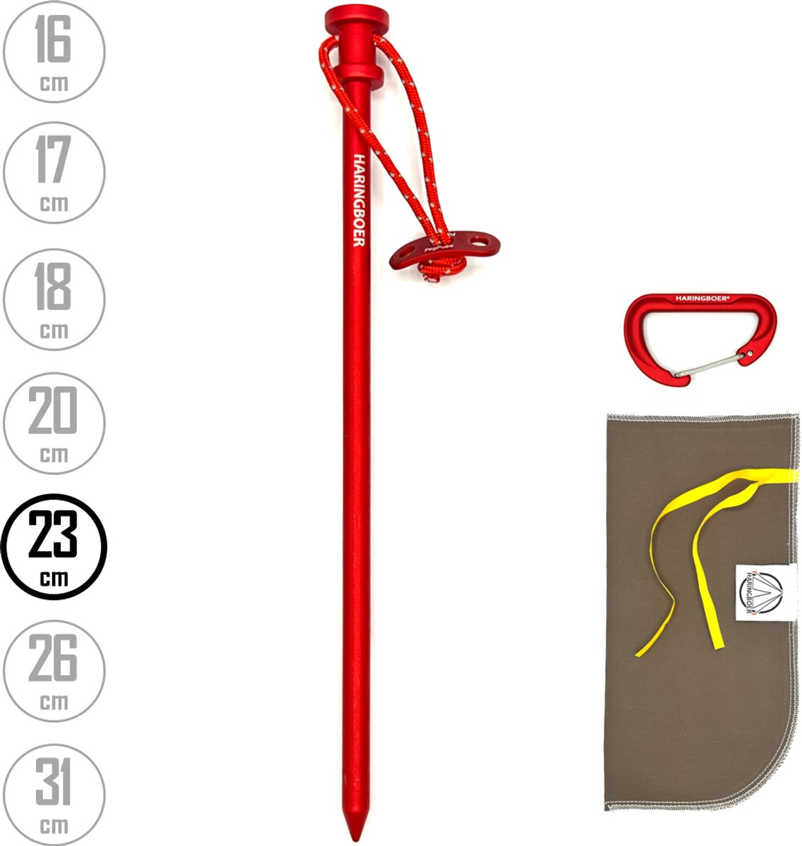 Tentharingen Aluminium 23 cm - 12x Rotspennen voor Tent met PegPull® - Incl Haringzak & Carabiner - Haringboer®