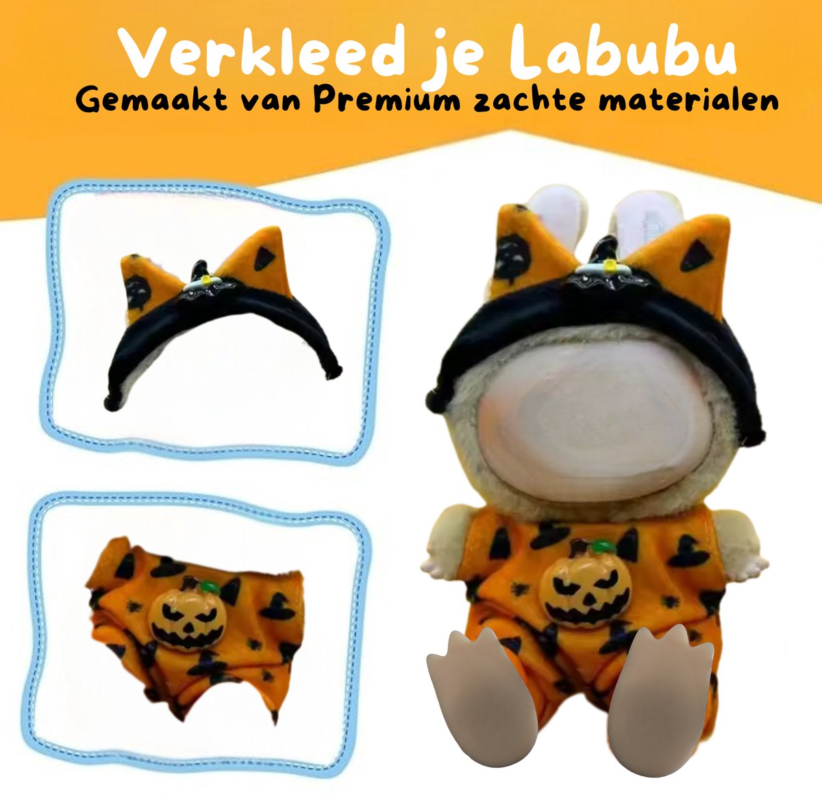 Zwart en Oranje Pompoen Poppenkleding - Met Hoedje en Tuinpakje - Cute and Festive Geschikt voor Labubu