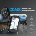 Zwarte CC600 Smart GPS fietscomputer met kleurenscherm, WiFi en route navigatie. Toont tijd, afstand, snelheid en route.