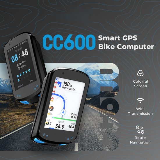 Zwarte CC600 Smart GPS fietscomputer met kleurenscherm, WiFi en route navigatie. Toont tijd, afstand, snelheid en route.