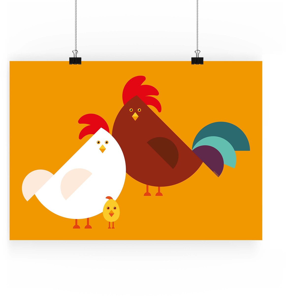 Artprint Familie Kip - Kippen illustratie in A4 formaat - Poster met 3 abstracte minimalistische kippen - Haan, Kip, Kuiken