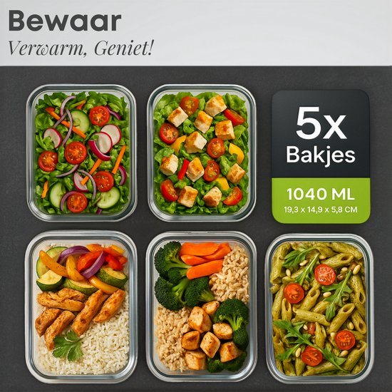 Set de Boîtes de conservation Savoré Kitchen - avec couvercle vapeur - Récipients de Prep de repas - Récipients de congélation en Glas - Hermétique - 5 pièces - 1040 ML