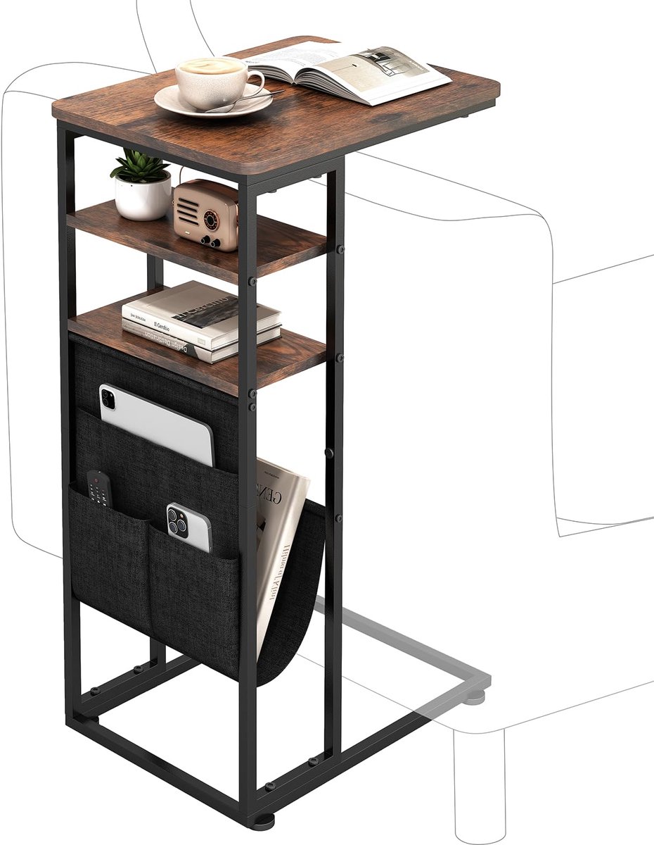 Unyqoos Industriële C-vormige bijzettafel met opbergrekken en metalen frame zwart