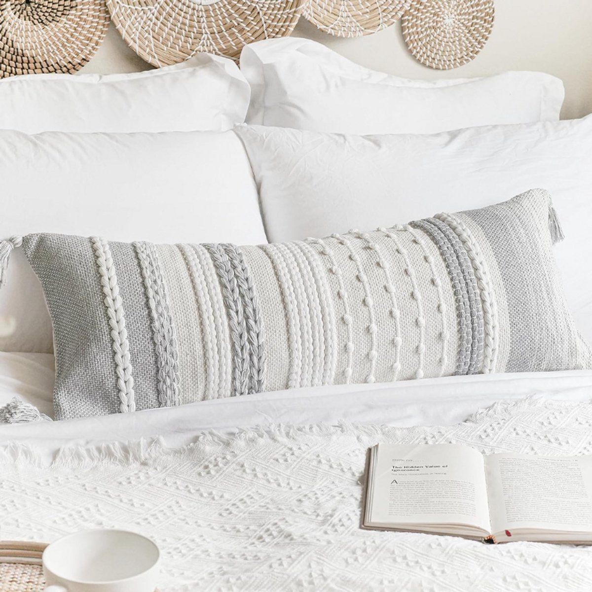 BOG Grijze Decoratieve Lendenkussenhoes - 36 X 14 Cm - Boho Lang Lichaamskussen Voor Bed - Farmhouse Lendenkussen Voor Bank - Moderne Accent Textuur Kussenhoes WIT