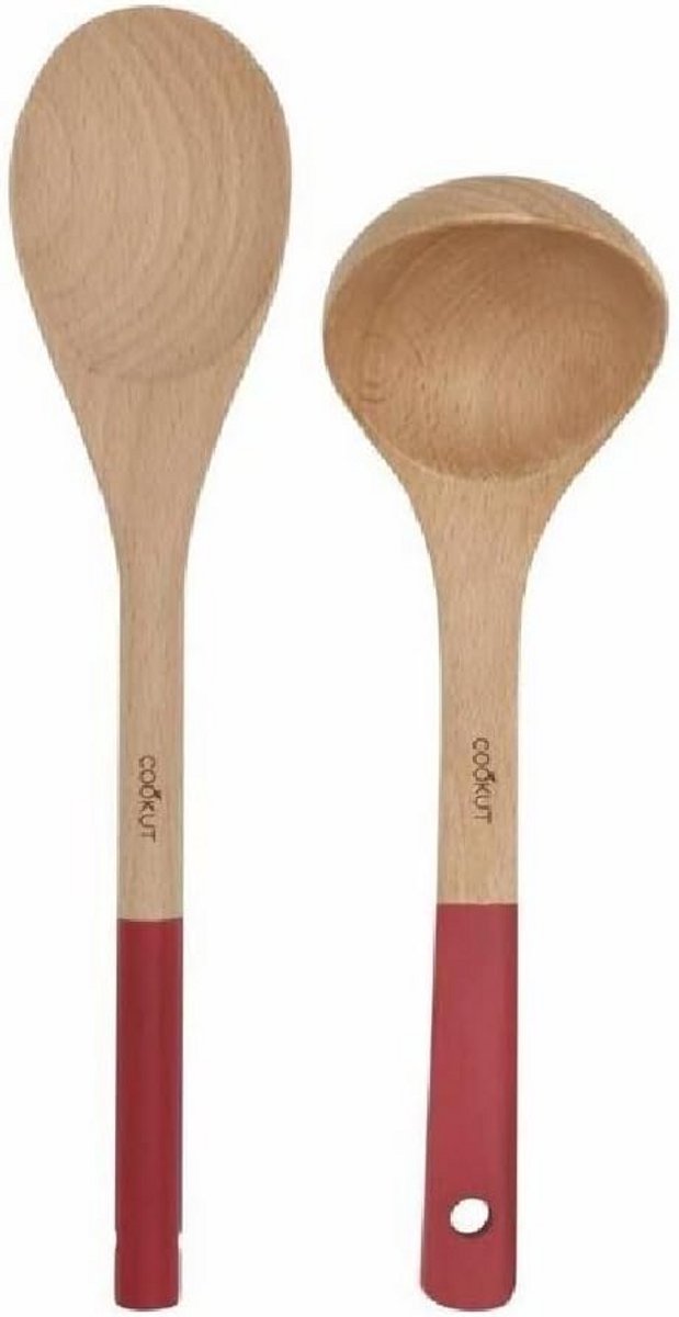 Houten lepel en pollepel set - beukenhout - rode afwerking