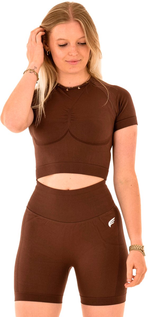 Dames cropped sport T-shirt – zacht, ademend & stretchy – fitness, yoga & dagelijks gebruik – DM Training Comfort Cropped T-shirt (bruin)