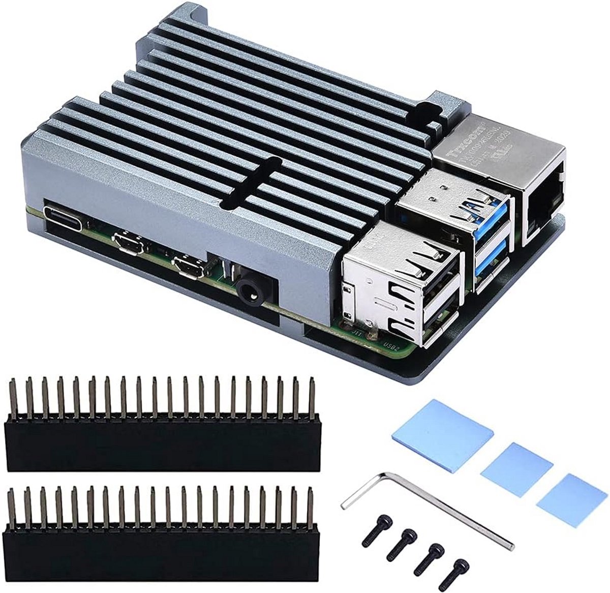 Aluminium Behuizing voor Raspberry Pi 4B - Passieve Koeling zonder Ventilator - Geschikt voor 1GB/2GB/4GB/8GB - Met Heatsink en GPIO Verlengconnectoren - Open Design voor WiFi/Bluetooth - Grijs