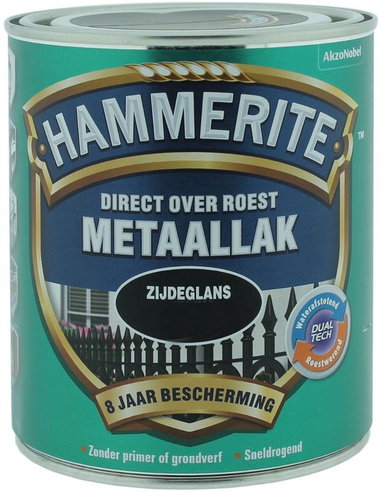 Blik Hammerite metaallak zijdeglans zwart, 8 jaar bescherming.