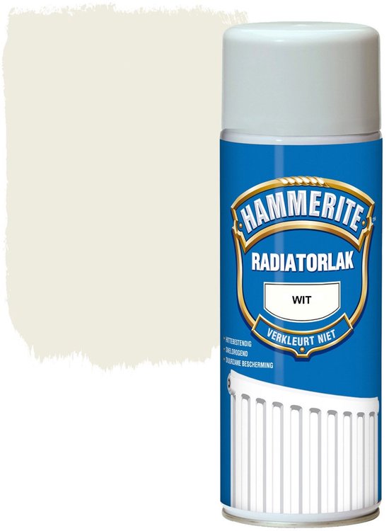 Hammerite Radiatorlak spuitbus wit. Verfstaal in gebroken wit.