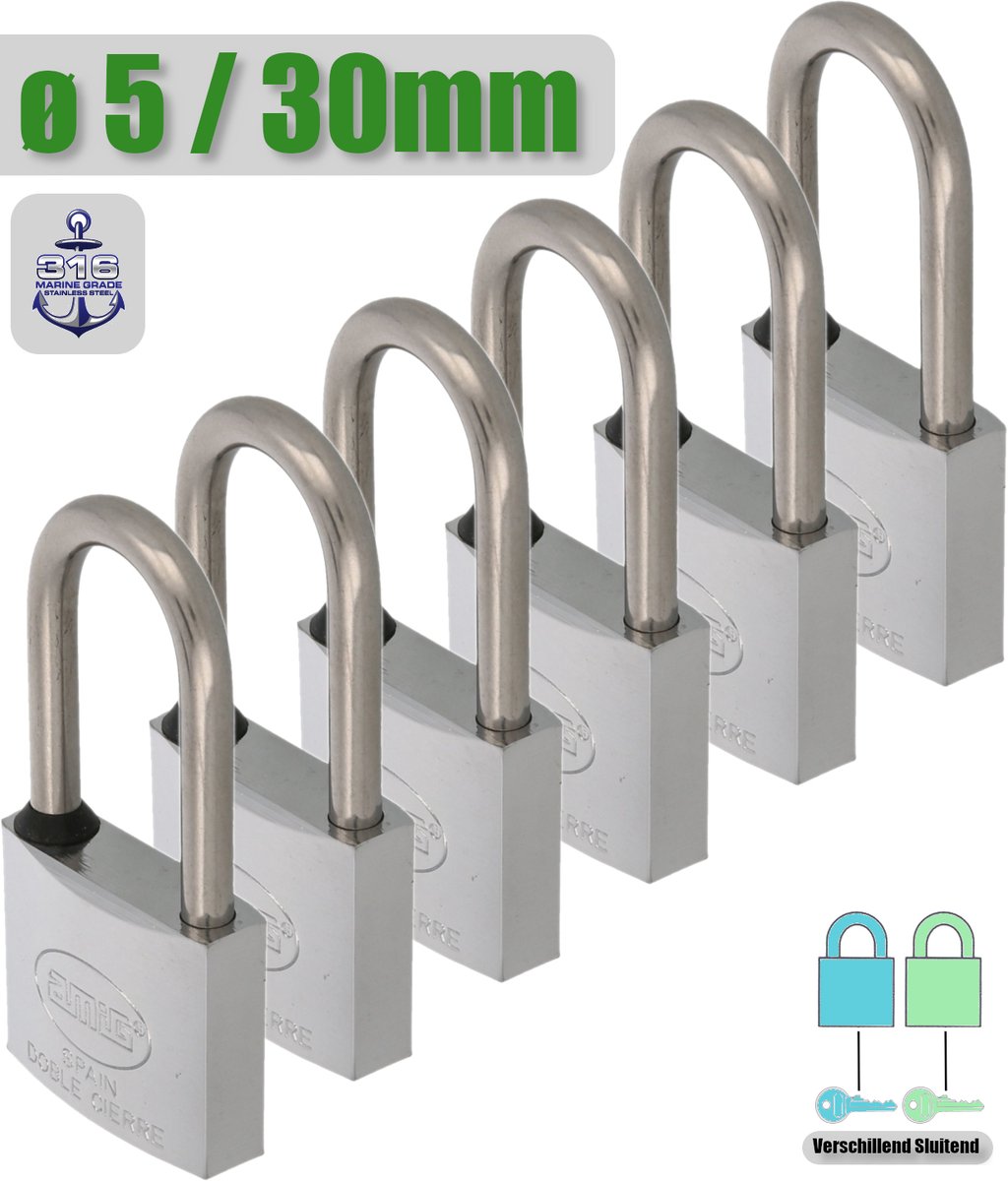 AMIG Hangsloten met Sleutel Ø5 / 30x65mm – 100% Roestvrij - Geweldig voor Buiten – Marine Kwaliteit - Messing Verchromt + RVS AISI 316 – Set 6 Stuks