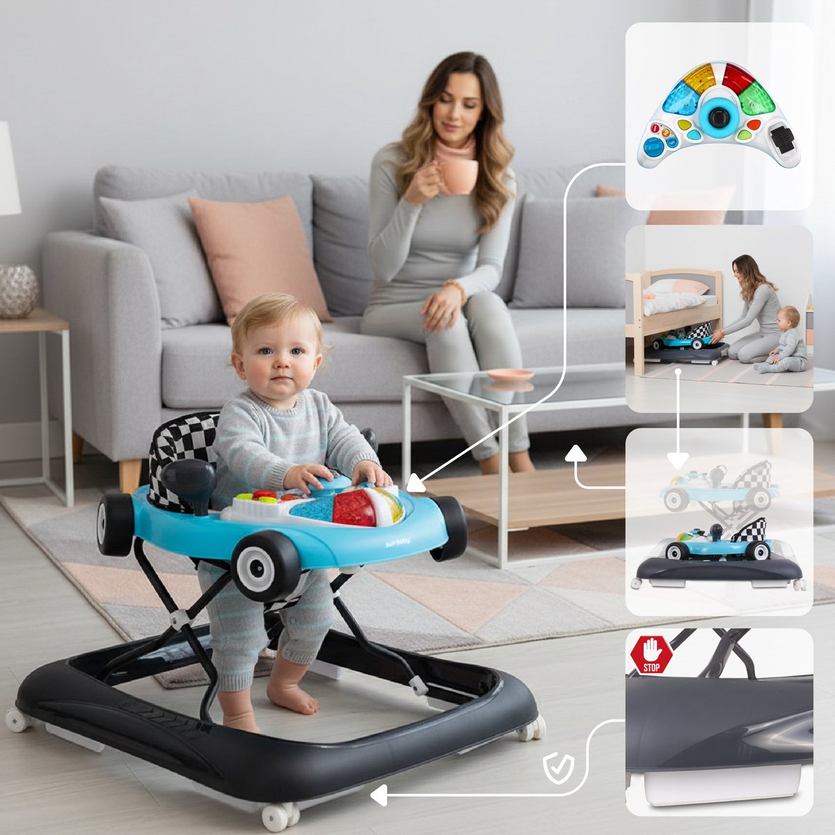 sun baby Loopstoel, baby walker vanaf 6 maanden, verstelbare hoogte, rubberen wielen - Turkoois-Zwart – foto 6
