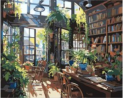 Schilderen Op Nummer Volwassenen - Do It Yourself Paintings - Boekenkast - Canvas Schildersdoek Zonder Frame – Kleuren op Nummer – 50x40cm