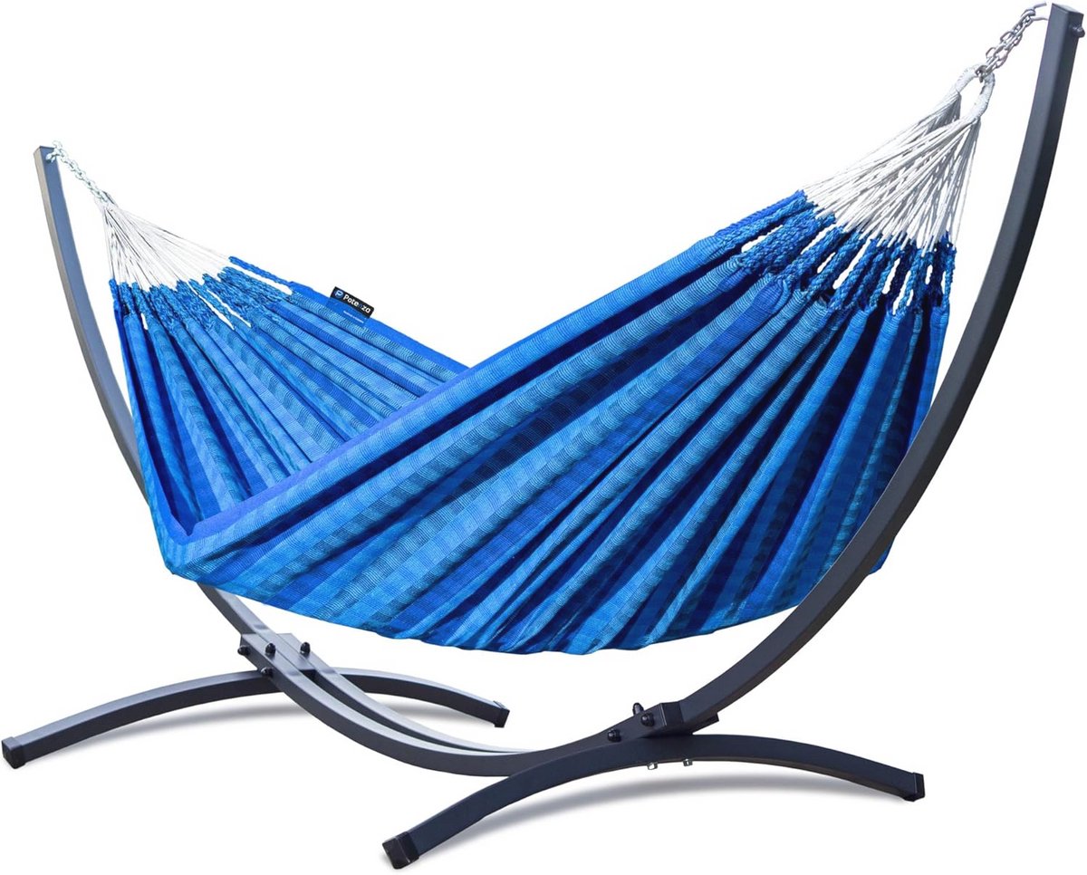 Dubbele Hangmat met Standaard voor 2 Personen – Stevige Stalen Constructie tot 220 kg – Ruime Hangmatset – Ideaal voor Binnen en Buiten – Katoenen Hangmat – Perfect voor Ontspanning