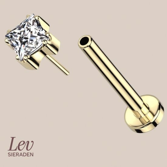 Lev Bijoux - Piercing Labret Push Pin en titane avec pierre de 3 mm - 1,2 x 8 mm - Couleur or - piercing nez - piercing tragus - piercing lèvre - piercing tragus - piercing oreille - Helix - piercing anti-allergie sans nickel