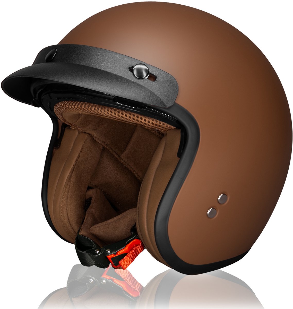 HSWHEEL Jethelm met UV-beschermend Vizier | Wasbaar & Verstelbaar | Scooterhelm & Motorhelm & Brommerhelm | Voor Heren & Dames | ECE 22.06 Goedgekeurd | Vintage Stijl | Mat bruin –M