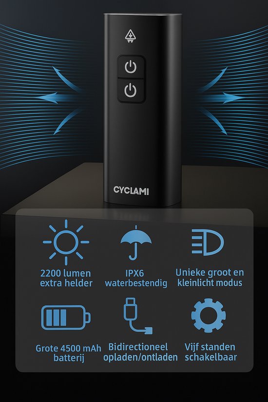 Cyclami Fietslamp LED - Inclusief Stuurhouder - Krachtige 2200 Lumen Fietslamp - Waterbestendig - 5 Modi - 4500 mAh - Bidirectioneel Laden - GoPro-Mount Compatibel — afbeelding 2