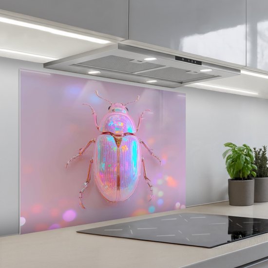 Spatscherm 90x70 cm - Zelfklevende achterwand Kever - Metallic - Lichteffect - Roze - Keuken muurbeschermer - Spatwand fornuis
