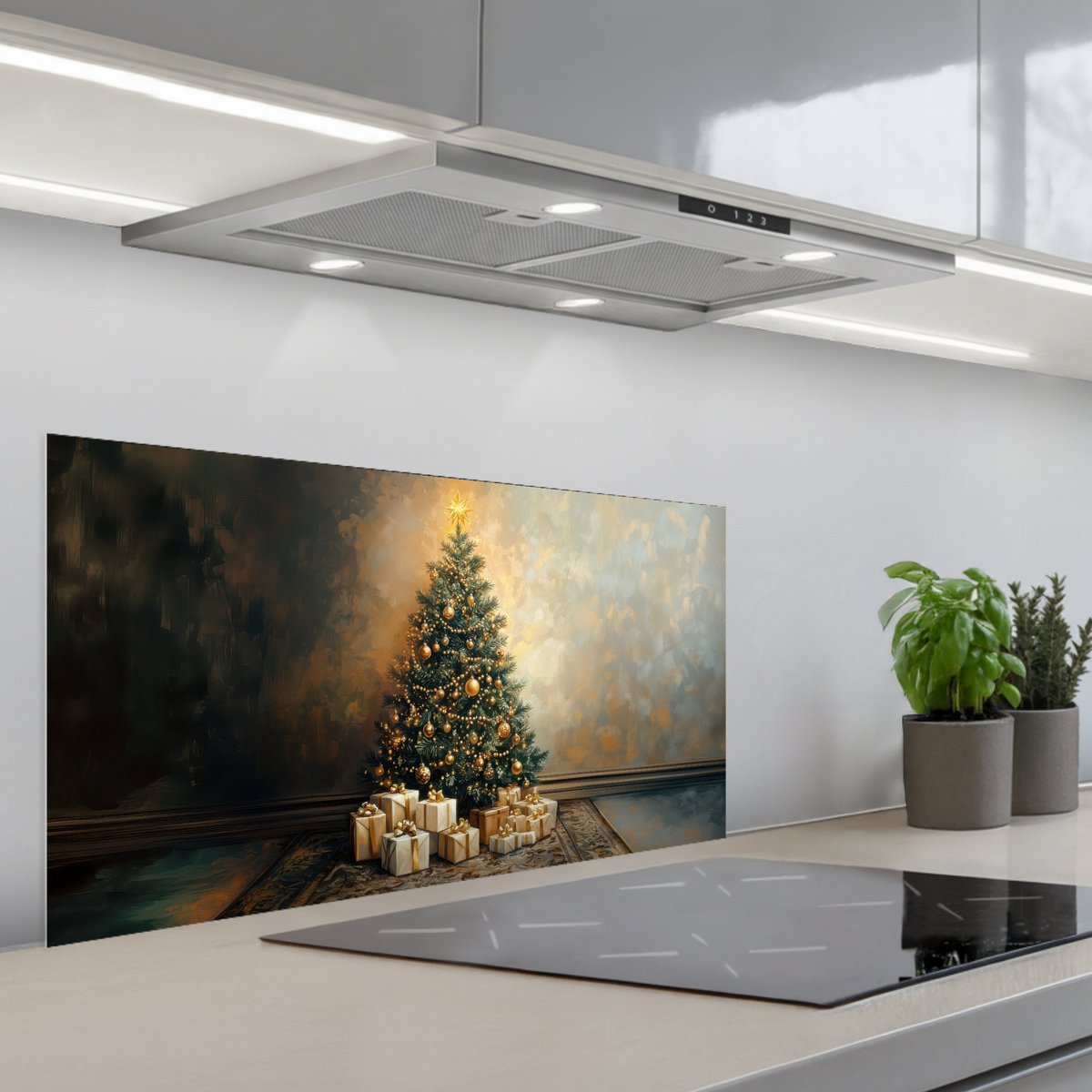 Spatscherm 90x45 cm - Zelfklevende achterwand Kerstboom - Cadeaus - Goud - Keuken muurbeschermer - Spatwand fornuis