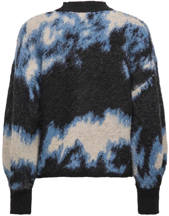 Grijze, zwarte en blauwe gebreide trui met abstracte print en ronde hals.