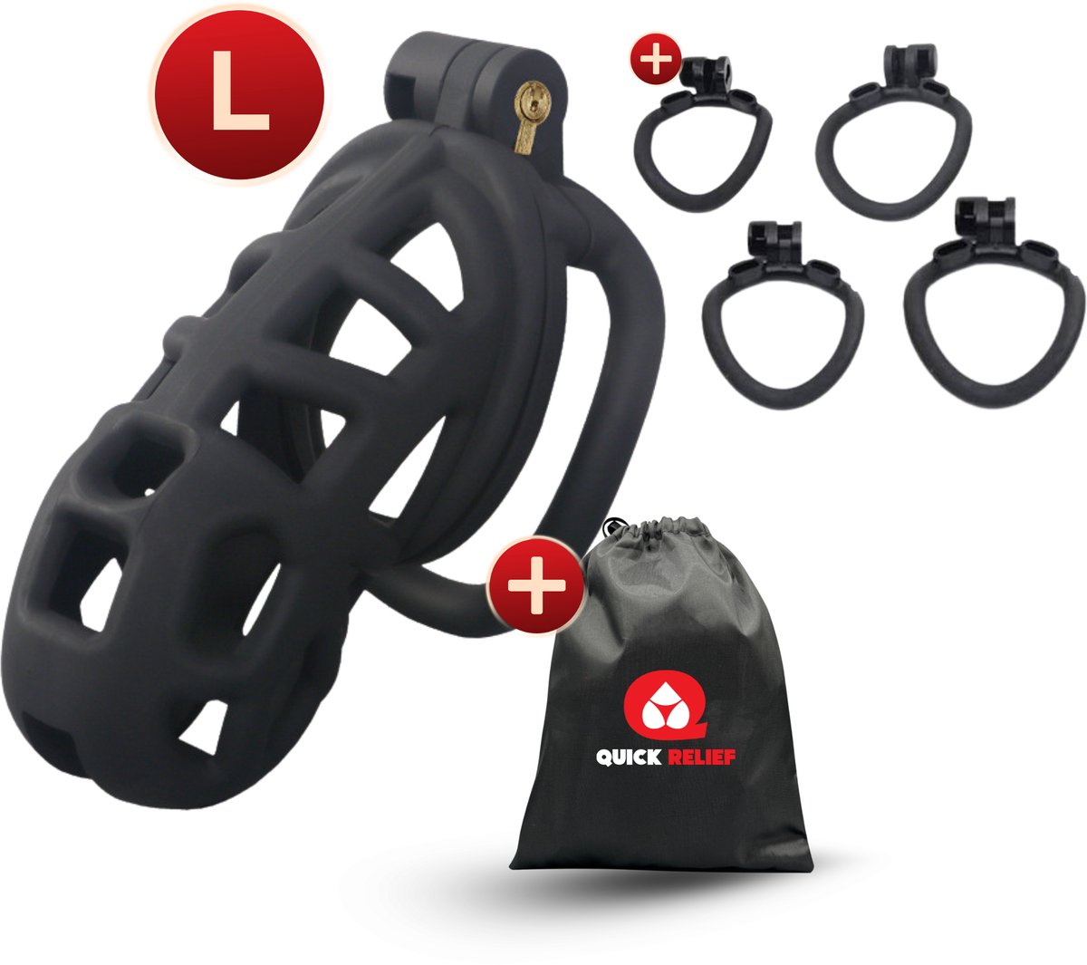 Quick Relief Elite Lock™ Large - Chastity cage - Kuisheidskooi met 4 ringmaten - Kuisheidskooi voor Mannen - Sissy - Cock Cage - Zwart