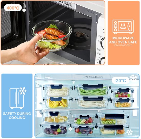 Bol en salade et saucisses dans un micro-ondes, avec le texte "Microwave and Oven Safe". Une autre image montre divers bols en verre dans un congélateur avec le texte "Safety During Cooling".