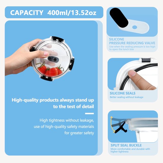 Bol en verre avec tomates, tenu dans une main. Gros plans montrant une valve en silicone, un joint et une boucle fendue. Texte "Capacity 400ml/13.52oz".