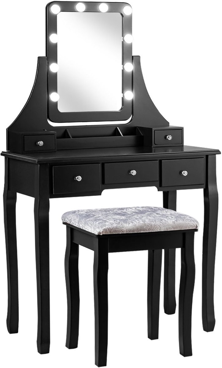 Kaptafel met spiegel en verlichting - Make up tafel - Make up - Toilettafel - Met lades - Zwart
