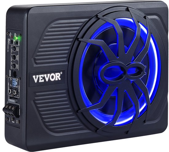 VEVOR subwoofer met blauw verlichte lichtschoep, op een witte achtergrond.