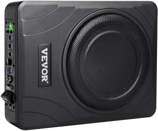Zwarte VEVOR auto-subwoofer met zilveren VEVOR logo, gaasfront en aansluitingen aan de zijkant.