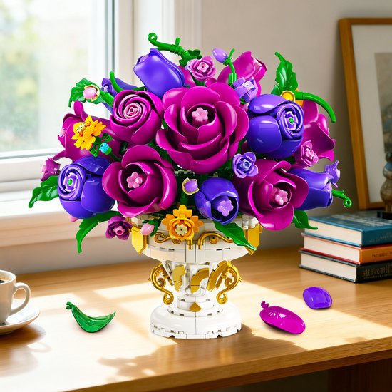 PLAXSOON Paarse Rozen Bouwpakket - 969 Delen Bloemen Boeket met Vaas - 18 Rozen Bonsai Plant Bouwsets - Huisdecoratie Spleegoed voor Kinderen Volwassenen