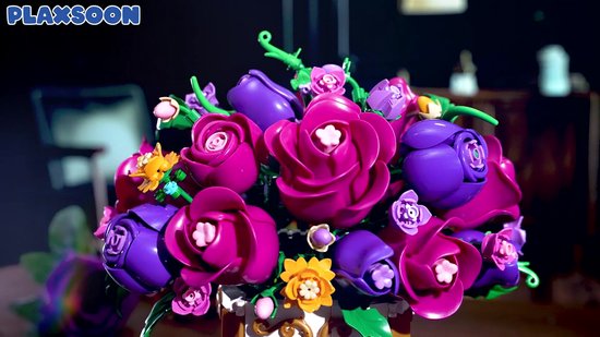 PLAXSOON Paarse Rozen Bouwpakket - 969 Delen Bloemen Boeket met Vaas - 18 Rozen Bonsai Plant Bouwsets - Huisdecoratie Spleegoed voor Kinderen Volwassenen